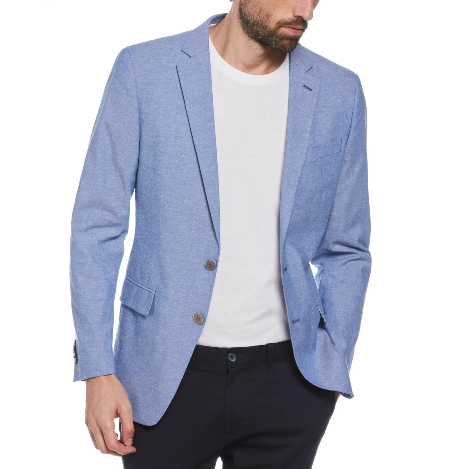 Original Penguin Blue Plaid Linen Blend Chambray Blazer - Image 3